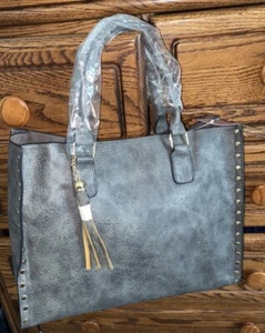Dark Gray Faux Leather Studded 2-in-1 Tassel Tote - Picture 1 of 7