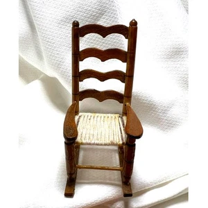 Vintage Dollhouse Miniature Wooden Ladder Back Rocking Chair Woven Seat 1:12 - Picture 1 of 5