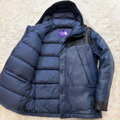 The North Face 紫色标签山地羽绒皮革夹克男式 L 码蓝色二手 — 第 1/4 张图片
