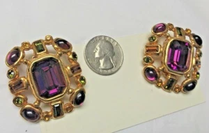 Vintage Heidi Daus Amethyst Peridot Citrine Rhinestone Baroque Earrings Clip-on - Picture 1 of 6
