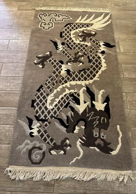 VINTAGE  ORIENTAL DRAGON RUG WOOL HAND KNOTTED Art Deco TIBETAN 36” x 69” - Image 1 of 4
