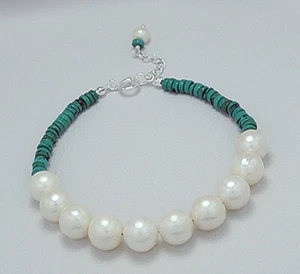 Solid Sterling Silver Pearl & Turquoise Bracelet 9mm Wide Fits 7.5"-8.5" - Picture 1 of 3