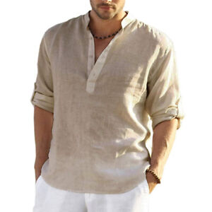 Men Casual Loose Workwear Solid Tops Long Sleeve Shirt Linen Shirt Blouse 