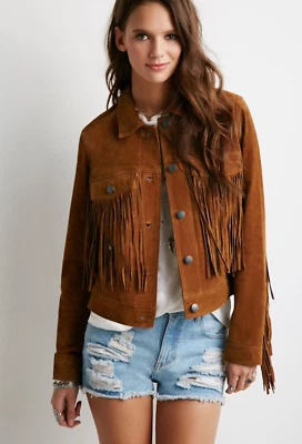 Brown Suede Fringe Leather Jacket for Women Biker Size S M L XL XXL Custom Made - Image 1 of 4