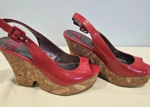 Fergalicious Women Red wedge shoes size 8 Peep Toe Cork bottom Chic City Beauty - Picture 1 of 9