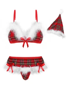 Womens Sexy Babydoll 4 pcs Lingerie Red Plaid Checked Holiday Christmas Theme - Picture 1 of 5