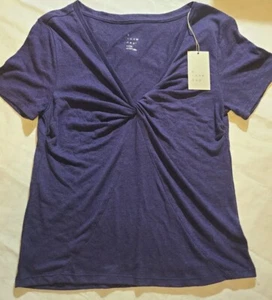 Women's Short Sleeve V-Neck Linen T-Shirt- A New Day Navy Size L Navy Purple - Picture 1 of 3