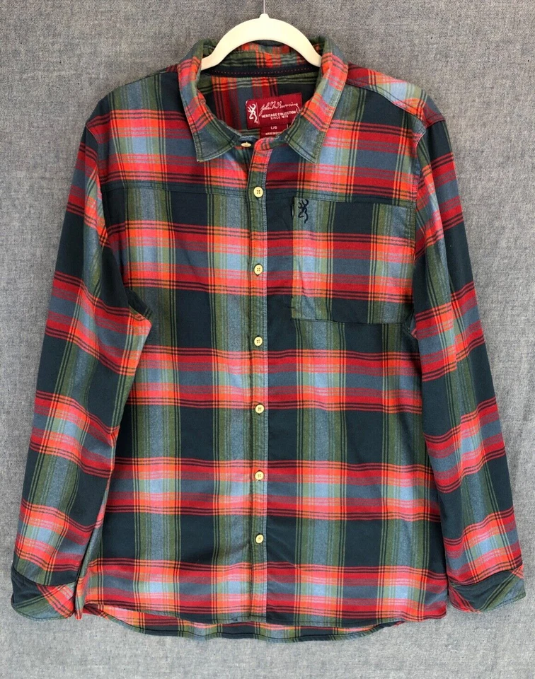 John M Browning Flannel Shirt Men's L Large Plaid Red Long Sleeve Heavyweight - Image 1 of 4