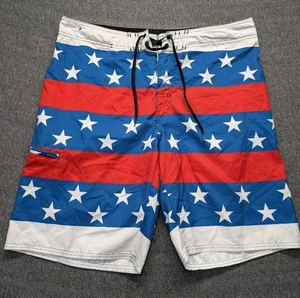 Men's Hang Ten Sz 38 American Flag Stars Stripes Board Swim Surf Shorts Red Blue - Picture 1 of 11