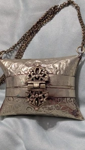 Pillow Purse Silver Metal with Purple Velvet Lining - Picture 1 of 4