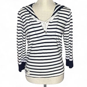 Ralph Lauren Shirt Womens Petite Medium Navy Sailor Collar Striped Rope Lace Up - Picture 1 of 10