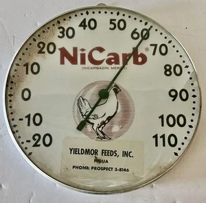 Vintage 10" rundes NiCarb Yieldmor Hühnerfutter Piqua OH Werbung Thermometer - Bild 1 von 8
