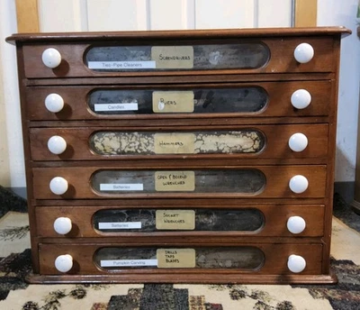 Antiguo gabinete carrete madera caja 6 cajones 25"×16"×19" porcelana perillas J. P. abrigos Foto 1 de 4