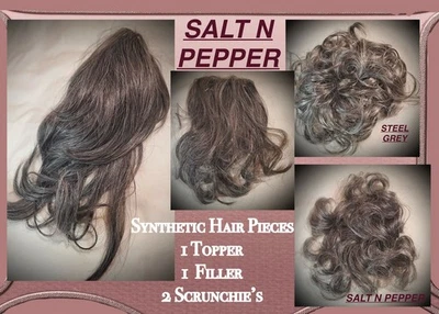 Lote de 4 Pelucos Sal N Pimienta Acero Gris Sintético Topper Relleno Scrunchies Foto 1 de 4