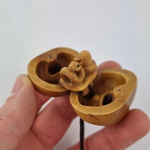 Finely Carved Japanese Wooden Figure Snake Enclosed In Fruit Signed - Picture 1 of 18