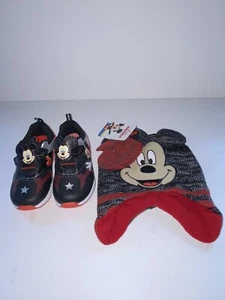 DISNEY HAT Boys Toddler Mickey Mouse w/ Ear Flap Knit Cap w Mittens & Shoes 10.T - Picture 1 of 21