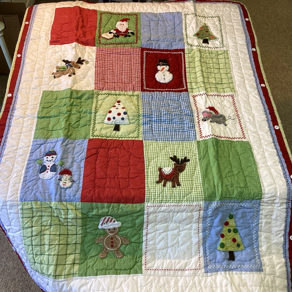 NEW Pottery Barn Kids Holiday Snowman Santa Quilt 48 X  35 Christmas - Image 1 of 4