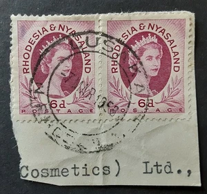 RHODESIA NYASALAND 1954 6d Queen Pair on Piece Scott 147 LUSAKA PM XF 8700-1 - Picture 1 of 1