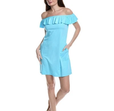 NEW Tommy Bahama Pearl Off-the-shoulder Ruffle Spa Dress Blue Sz L - Image 1 of 4