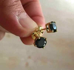 Laborgefertigte schwarze Spinell-Halo-Ohrstecker 2 kt Rundschliff 14 K Gelbgold vergoldet - Bild 1 von 4