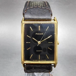 Pulsar Tank Watch Men 24mm Black Dial Gold Tone Rectangle V501-5A20 New Battery - Picture 1 of 11