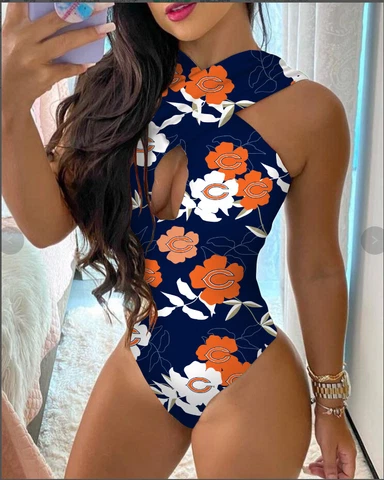 Chicago Bears One-piece Bikini Swimsuit Hollow-out Criss Cross Bathing Set Cover