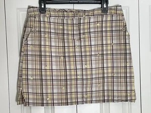 Izod Golf 8 Yellow Brown Plaid Embroidered Pears Side Slits Pockets Skirt SKORT - Picture 1 of 11
