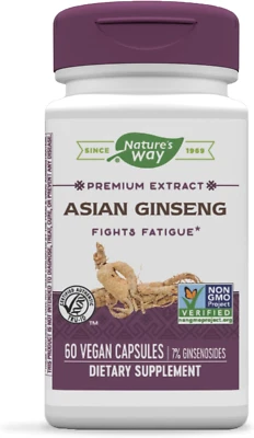 Nature's Way Premium Herbal Asian Ginseng, Combate a Fadiga, 60 Cápsulas - Imagem 1 de 4