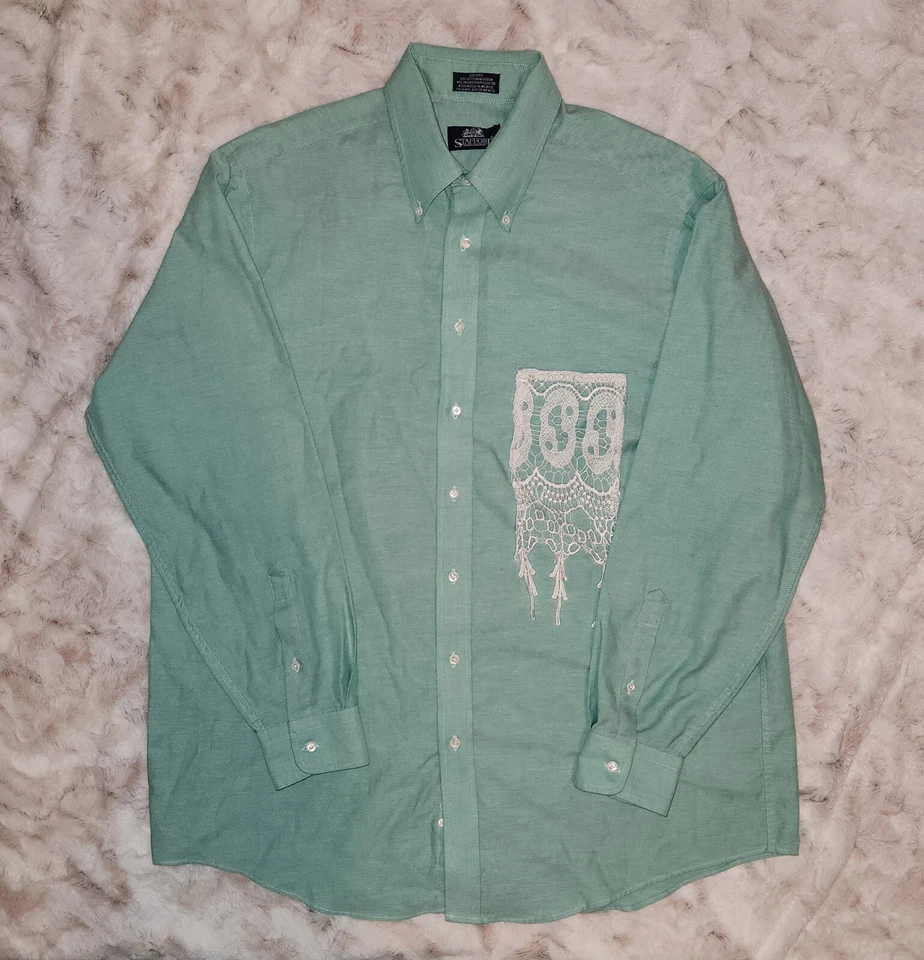 Camisa Oxford Stafford Para Hombre Abotonada Manga Larga Verde Claro Western Personalizada  Foto 1 de 4