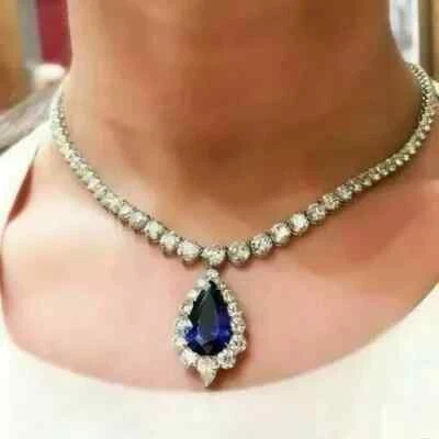 15ct Pear Lab-Created Blue Sapphire Charm Tennis Necklace 14k White Gold Plated - Image 1 of 4