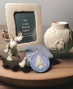 Lenox Mixed Lot 3.5x5” Picture Frame, Votive Holder, 2 Ornaments, 1 Wedgwood  - Picture 1 of 22