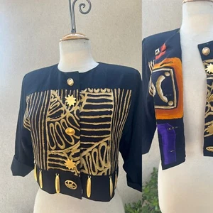 Vtg Bolero Jacket New Wave Print Black Gold Buttons S Platinum - Picture 1 of 9
