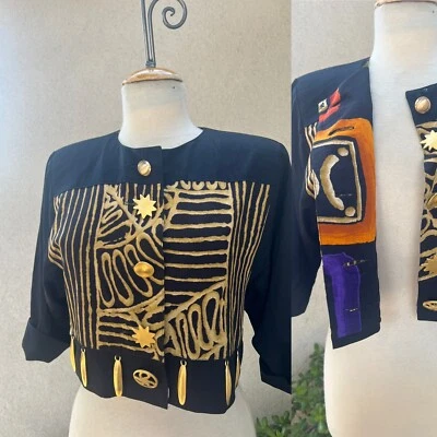 Jaqueta Bolero Vtg New Wave Print Preto Dourado Botões S Platina - Imagem 1 de 4