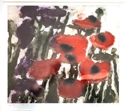 Klaus Fußmann Iris und Mohn Original Farbradierung 2010 mit Rahmen - Bild 1 von 3