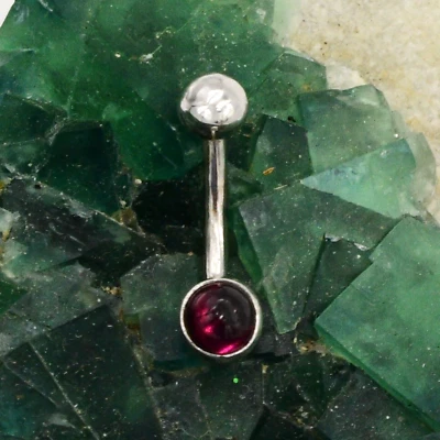 New 14k White Gold Cabochon Pink Garnet Gemstone Barbell Belly/Navel Ring - Изображение 1 из 3