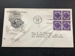 ICOLLECTZONE US FDC USA Scott #940 Block Honorable Discharge Cachet Cover - Imagen 1 de 2