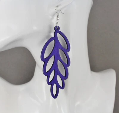 Purple wood leaf earrings dangle lightweight wood 4 3/8" long feather vine - Image 1 of 4