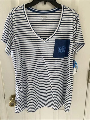 Camiseta Columbia Para Mujer PFG Monograma Azul Rayas Cuello en V XL NUEVA CON ETIQUETAS Foto 1 de 4