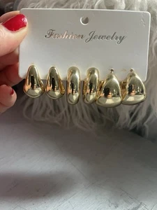 14k gold Plate Hoops Set Statement Earrings 1.2 X 1 Inch Long - Picture 1 of 4