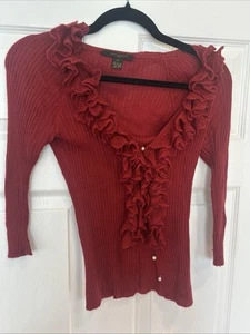 Louis Vuitton Pullover Burgunderrot mit Rüschen und Perlendetail V-Ausschnitt Gr. M - Bild 1 von 10