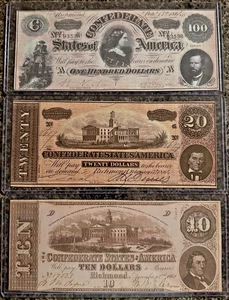 Lot of 3 Confederate States of America Bills $100, $20 & $10 - Picture 1 of 2