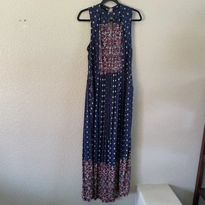 ANGIE Maxi Dress Women’s Medium Blue Red Floral Boho Tassel Cut Out Keyhole Neck - Picture 1 of 12