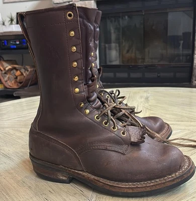 "Botas blancas hechas a mano para hombre de 10 X de ancho marrón leñador empaquetador con cordones de 5"" de ancho" Foto 1 de 4