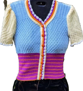 Vintage Elaine Post Damen Pullover Größe S Kurzarm Bunt Zierlich Preppy - Bild 1 von 13