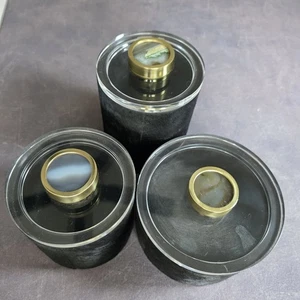 Interlude Home Set of 3 Black Hide Canisters – Acrylic Lids w/ Stone Brass Knobs - Picture 1 of 12