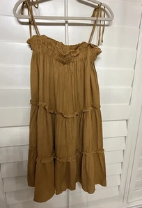 Caramel Brown Tie Spaghetti Strap Tiered Sundress - Womens - Size Small - Picture 1 of 7