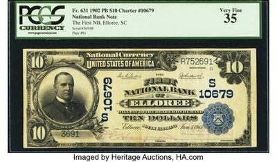 1902 $10 FNB OF ELLOREE SOUTH CAROLINA FINEST KNOWN NOTE - Image 1 of 2