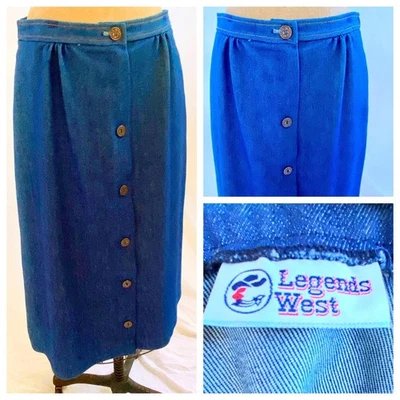 De colección LEGENDS WEST Azul Denim Retro Botón Frontal Midi Falda Vaquera Cottagecore S Foto 1 de 4