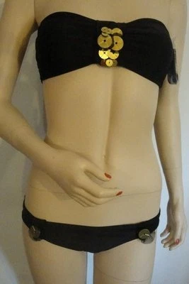 NUEVO XHILARATION Bikini Bandeau Negro - Talla Pequeña - Disco Dorado y Detalle de Malla Foto 1 de 4
