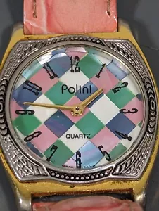 VTG Polini Pink Green White Blue Check Dial Round Case Pink Leather Band Watch - Picture 1 of 8